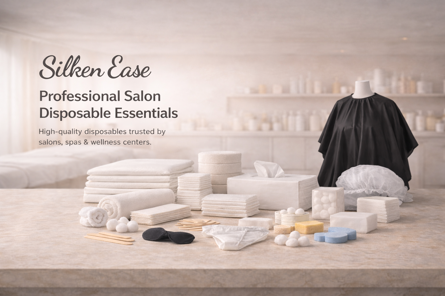 Silken Ease professional salon disposable essentials displayed on a counter with a neutral background.